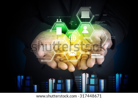 Man showing networking with virtual display in color background