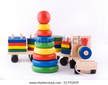 Wooden toys on a white background