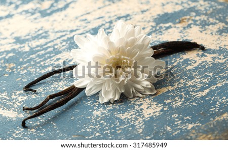 Vanilla sticks with flower on old wooden table