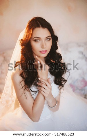 Portrait of a beautiful young brunette bride, smiling, boudoir, fees hairstyle, make-up, wedding, lifestyle