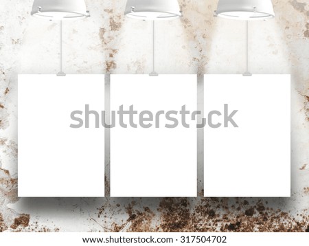 Digital background: three paper sheets frames with 3 lamps on grungy rusty background
