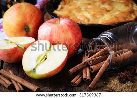 Apple pie ingredients - fresh apples, cinnamon sticks and sugar - on dark rustic wooden background