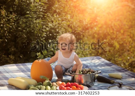 One small smiling boy at picnic playing and sitting near pot orange pumpkin squash and cucumber red tomato on checkered plaid looking away on natural background sunny day, horizontal picture