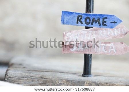 Direction to different places of the world. Rome, Switzerland, Jamaica. Space for text.