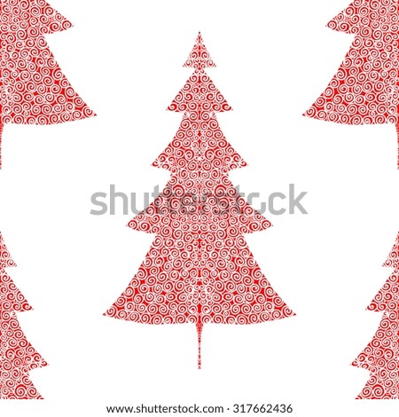 Seamless background of red spruce trees with doodles. Vector illustration.