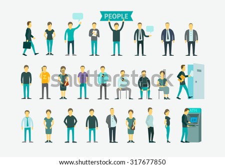 Set with 26 different people flat conception vector illustration ATM, queue turn the door Royalty-Free Stock Photo #317677850