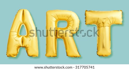 Golden ART sign made of inflatable balloons on blue background