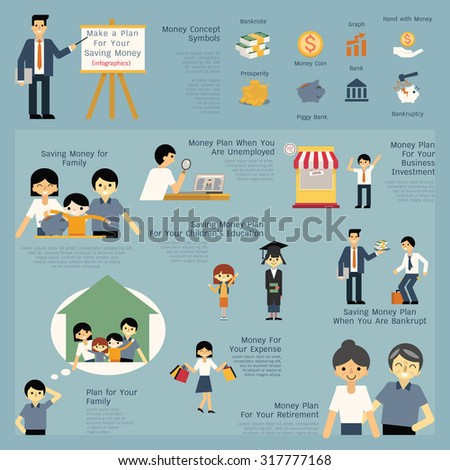 Illustration set of money and financial saving concept, presenting, job, career, entrepreneur, education, retirement, bankruptcy, family. Simple character of man, children and family.   