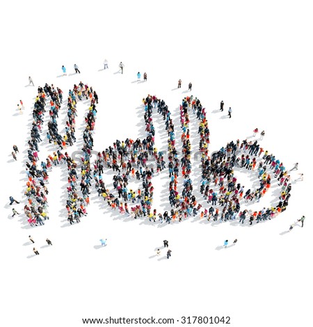 A group of people in the shape of hello  , cartoon, isolated, white background.