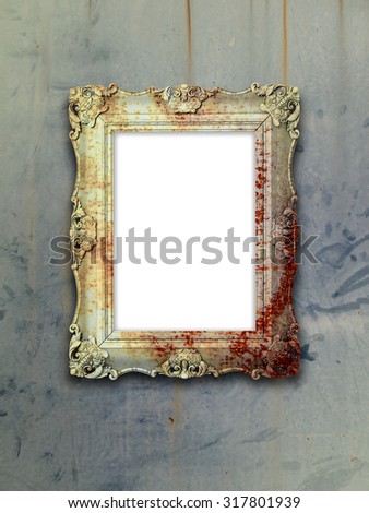 Digital background: rusty Baroque decorative frame-blue metal rusty background