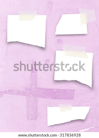 Digital background: four pieces of paper with scotch tape-lilac pink grey black white-grungy scratched background