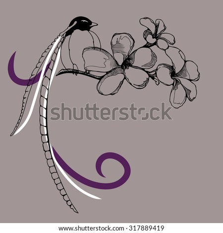 Black and white hand drawn bird on a bunch of flower. Vector background.