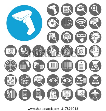 Scanner icons set. QR code on any devices, barcode, fingerprint, eye scan. Illustration EPS10