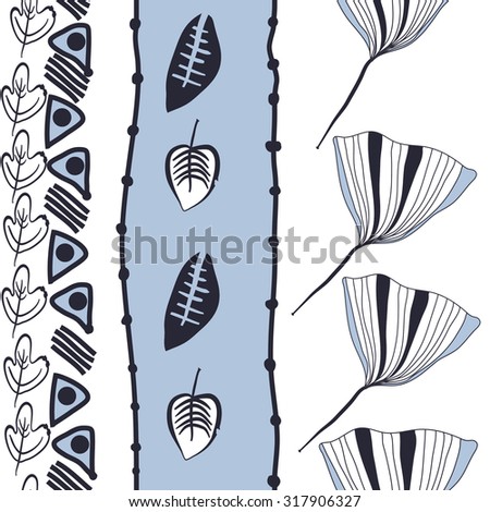 Seamless pattern of vertical floral motif, leaves, autumn theme, doodles. Hand drawn.