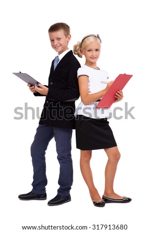 Students in business suits on white background discussing a startup, picture with depth of field and artistic blur