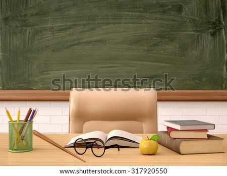 3d illustration of the teacher's Desk in front of a green Board