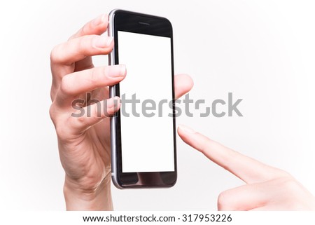 Woman finger touching blank screen of drawn smartphone