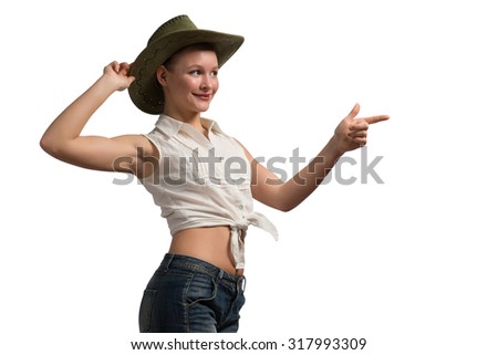 Pretty teenager girl in shots shirt and hat on white background