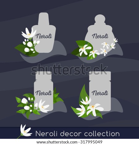 Neroli decor collection. Cosmetic bottles with composition of neroli flowers, buds and leaves. Oranges' flowers. Different variants of advert design. Neroli design set. 