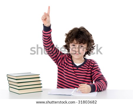 Adorable boy studying a over white background ask to speak isolated over white