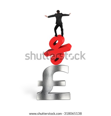 Businessman balancing on red percent sign and pound sterling symbol, isolated on white background.