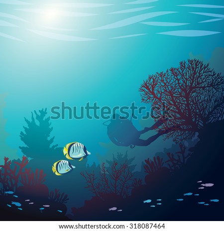 Underwater illustration - silhouette of diver and coral reef with fishes. Vector seascape image.