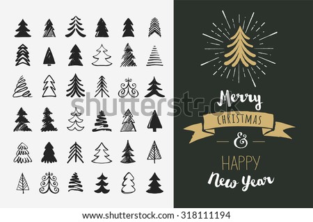 Hand drawn Christmas tree icons. Doodles and sketches