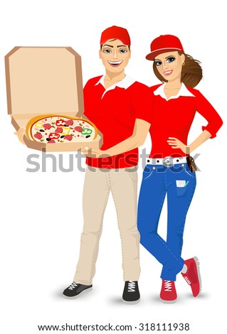 portrait of pizza delivery guy and girl in red uniform holding open cardboard box with hot pizza isolated on white background
