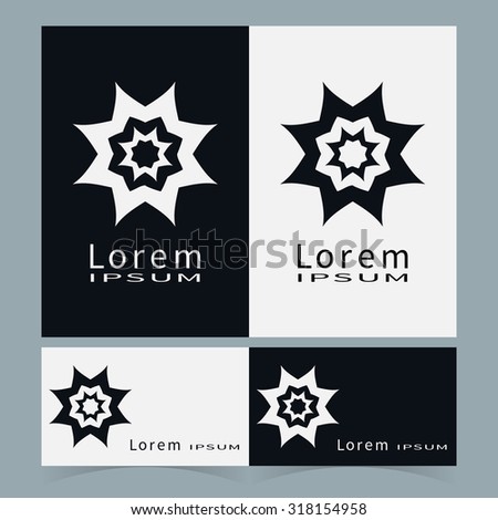 Logo icon design and Business cards set. Black and white symbol stylized flower collection. Abstract vector shape geometric round ornament, line art.