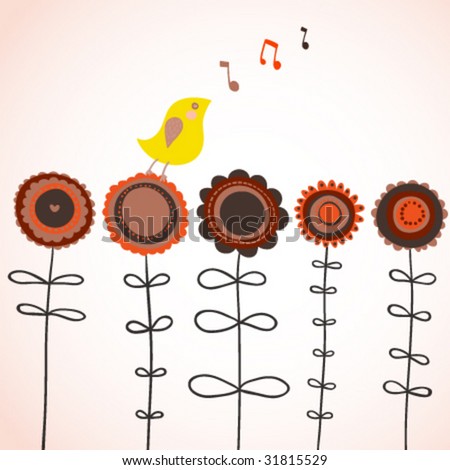 Bird singing on the flowers in vector