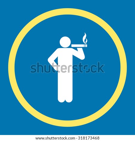 Smoking vector icon. This rounded flat symbol is drawn with yellow and white colors on a blue background.