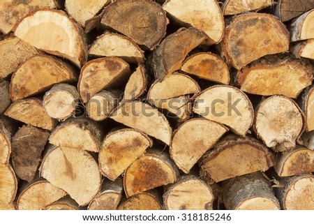 Background of stacked wood. Ready firewood. Various kinds of wooden logs stacked on top of each other. Stack of wood, firewood, background. Dry chopped firewood logs ready for winter.