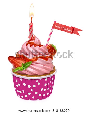 Cupcake with whipped cream and strawberry isolated on white background
