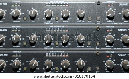 Audio effects processors in a rack. Sound Recording Equipment (Media Equipment). Recording studio.