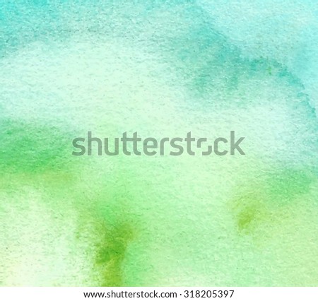Green watercolor splash hand draw decorative card. Colorful nature vector background. Wet brush painted paper texture. Abstract material art design element for cover, banner, template, decoration