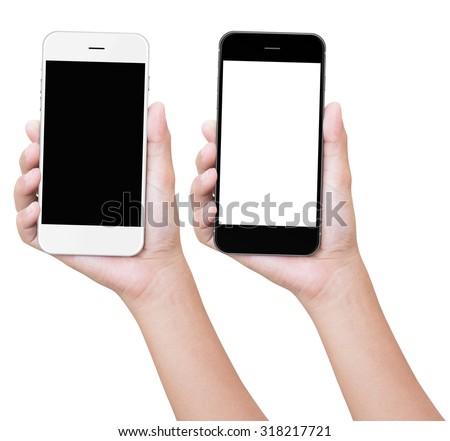 hand holding phone isolated with clipping path Royalty-Free Stock Photo #318217721