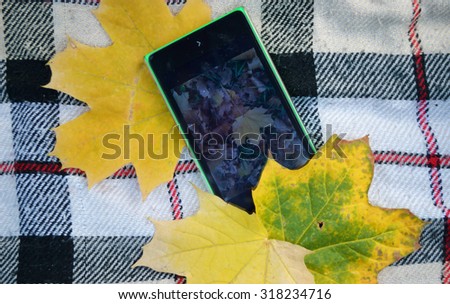 Woman taking picture of autumn park on her smartphone