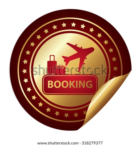 Red Metallic Flight Booking Infographics Peeling Sticker, Label, Icon, Sign or Badge Isolated on White Background 