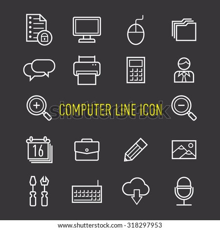 set of computer line icon isolated on black background