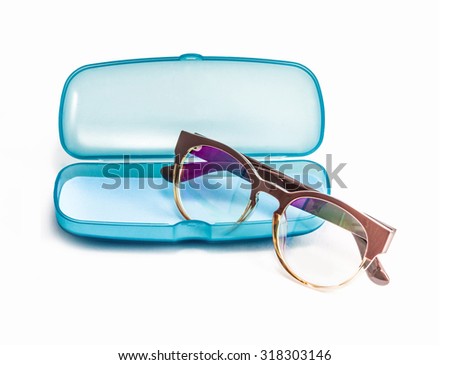 Blue Plastic Glasses Case isolated on white Royalty-Free Stock Photo #318303146