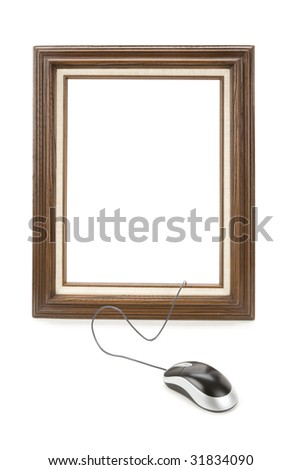Wood Picture Frame and computer Mouse, concept of digital art produce