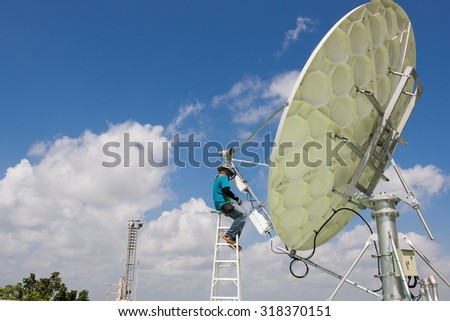 engineer maintenance on satellite disk