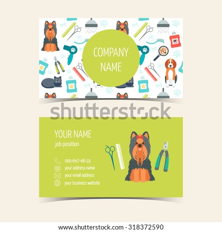 Business cards for animal grooming. Promotional products. Flat design. Vector illustration