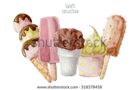 Watercolor ice creams hand drawn background isolated on white