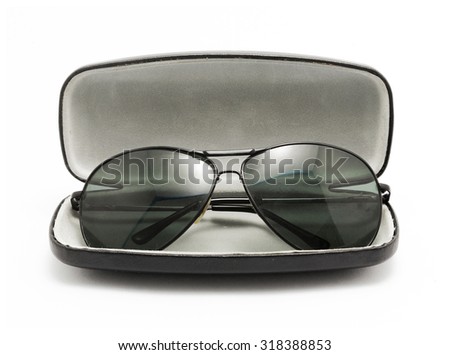 sunglasses in black opened case isolated on white background Royalty-Free Stock Photo #318388853