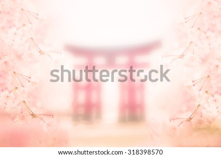 Abstract blur and soft cherry blossom in spring background with giant Torii in Hiroshima, Japan