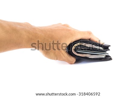Picture concept with finance and banking. abstract man hand pick Brown leather wallet with money isolated on white background