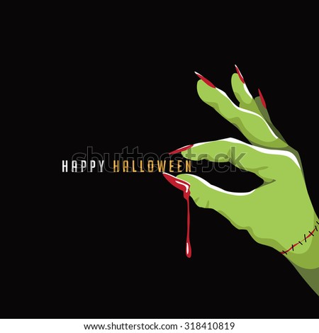 Green monster hand Happy Halloween design. EPS 10 vector illustration
