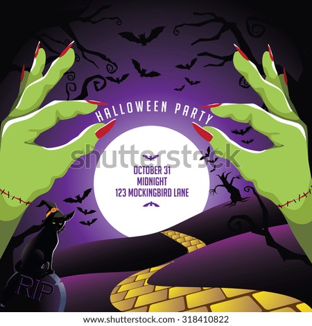 Green monster hands Halloween party design. 
