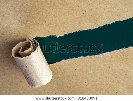 Torn brown paper on blank green rough surface.